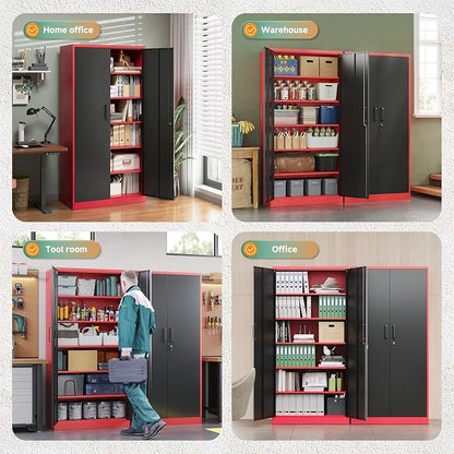 Letaya Metal Garage Storage Cabinets with Lock, 71" Tall Locker Organizer Steel Tool Cabinets,5 Adjustable Shelves 2 Doors for Home Office, Warehouse,Garage,Industrial,Employee (Black Red)