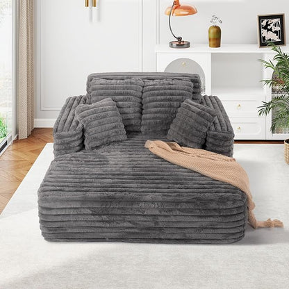 JEEOHEY 56" Oversized Chaise Lounge Chair Indoor,Plush Faux Fur Sleeper Sofa Couch Bed with Pillows&Wide Armrests,Fluffy Comfy Cloud Couch,Compression Foam Couch for Living Room,Bedroom(Grey)
