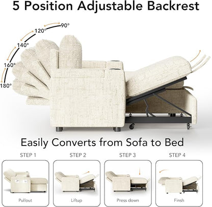 Sunny Heart L-Shaped Sleeper Sofa with Pull Out Bed, 82" Sectional Couch with Reclining Backrest, Reversible Storage Chaise, Armrest Storage, Cup Holders, and Side Pockets, Tool-Free Assembly, Beige