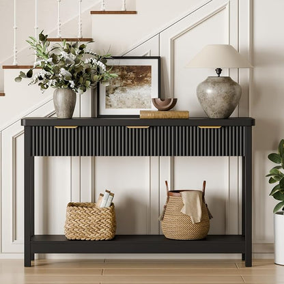 Lulive Fluted Console Table, 51 Inch Entryway Table with 3 Drawers | Scandi farmhouse look with quiet full-extension slides, open lower shelf, profile for hallway, entry, foyer or behind sofa.