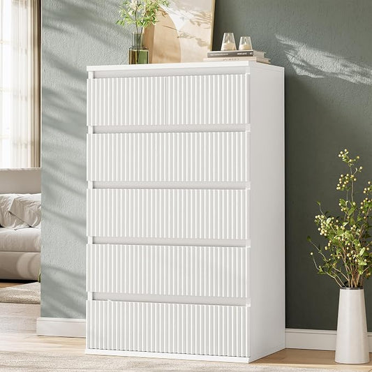 Jocoevol Fluted 6 Drawer Dresser for Bedroom, Modern Wood Chest of Drawers, Tall Storage Dresser with Deep Drawers, Handleless Floor-Standing Dresser for Bedroom, Living Room, Entryway, White