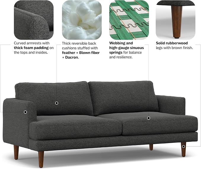 SIMPLIHOME Livingston 76" Wide x 33" High Sofa in Charcoal Grey Woven-Blend Fabric, Handcrafted Loveseat Couch for Living Room or Family Room, Mid-Century Modern Style, Solid Wood Frame