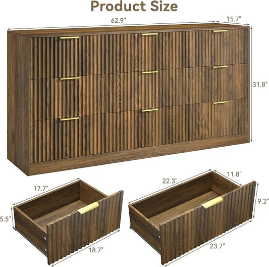 Walnut 9 Drawer Dresser for Bedroom, 63" Wide Modern Fluted Chest of Drawers, Wooden Dresser with Gold Metal Handles, Mid Century Large Dresser TV Stand for Living Room Hallway