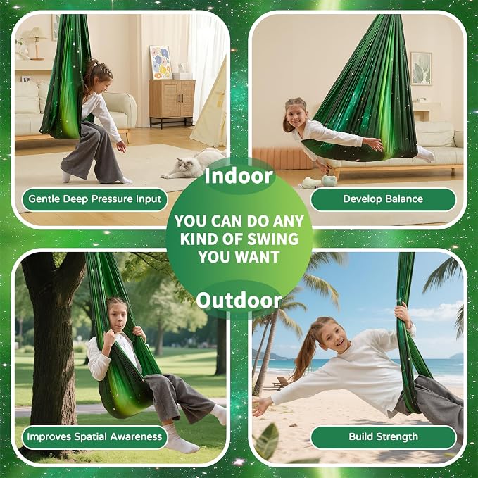 Sensory Swing for Kids Indoor & Outdoor Double Layer Therapy Cuddle Hammock Chair with 360 Swivel Hanger Kit Adjustable Swing for Child and Adult with Aspergers Autism ADHD (Aurora Green)