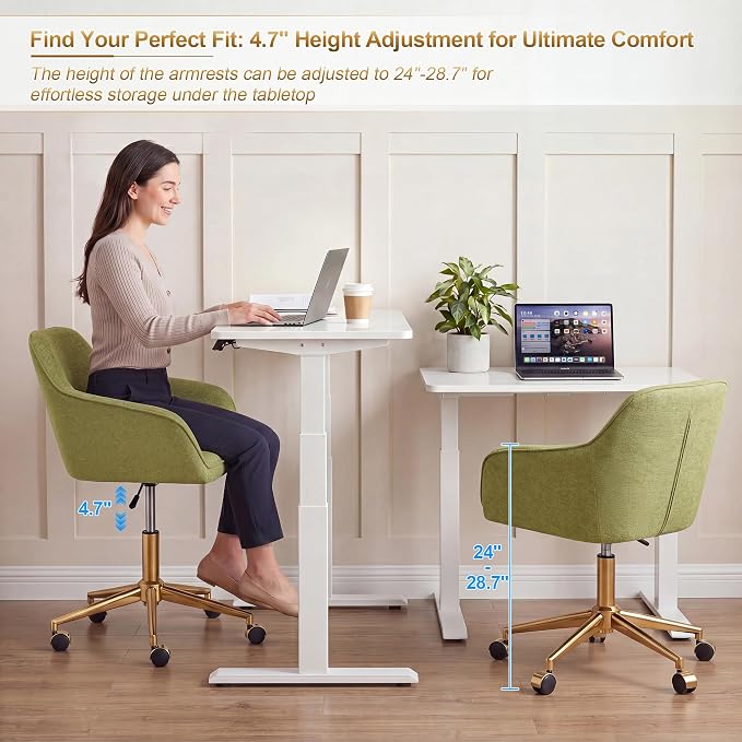 Zesthouse Vanity Chair with Wheels for Girl Women, Swivel Office Desk Chair | Green Chenille Rolling Office Chair with Arms & Gold Base, Upholstered Fabric Desk Chair for Bedroom, Height Adjustable Chair