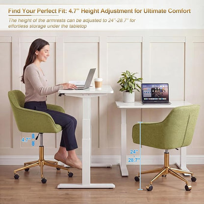 Zesthouse Vanity Chair with Wheels for Girl Women, Swivel Office Desk Chair | Green Chenille Rolling Office Chair with Arms & Gold Base, Upholstered Fabric Desk Chair for Bedroom, Height Adjustable Chair