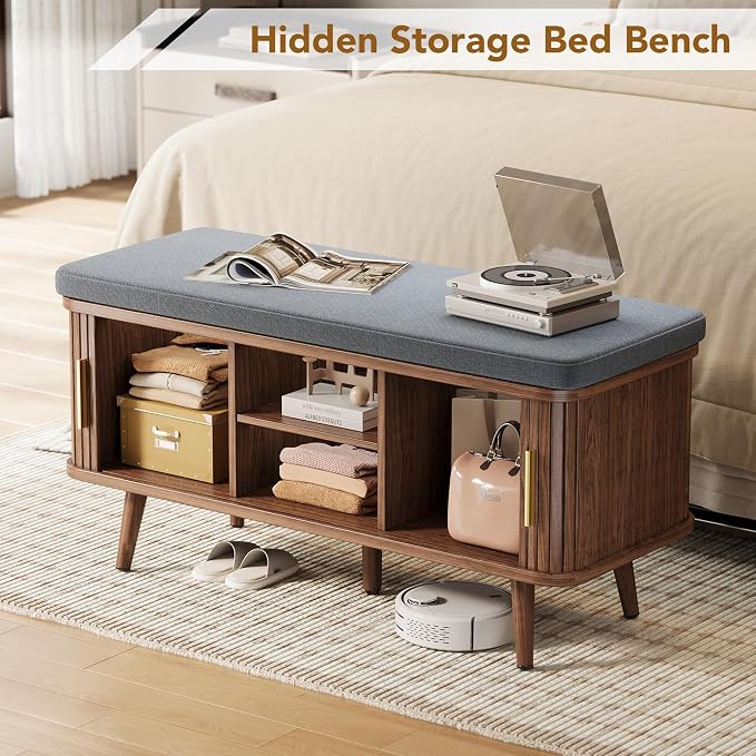 Decofy Shoe Storage Bench with Cushion and Sliding Doors, 39 Inch Shoe Bench with Storage, Freestanding Entryway Bench with Shoe Storage, with Solid Wood Legs, for Hallway & Entrance Hall, Walnut