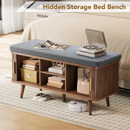 Decofy Shoe Storage Bench with Cushion and Sliding Doors, 39 Inch Shoe Bench with Storage, Freestanding Entryway Bench with Shoe Storage, with Solid Wood Legs, for Hallway & Entrance Hall, Walnut