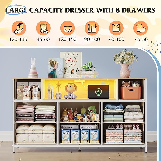 WLIVE Dresser TV Stand for 45, 50, 55 inch TV, Entertainment Center with LED Lights & Charging Station, Chest of Drawers with 8 Fabric Drawers and Open Shelves for Living Room, Hallway, Cream White