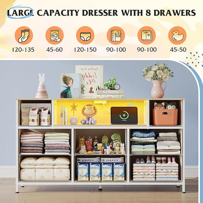 WLIVE Dresser TV Stand for 45, 50, 55 inch TV, Entertainment Center with LED Lights & Charging Station, Chest of Drawers with 8 Fabric Drawers and Open Shelves for Living Room, Hallway, Cream White