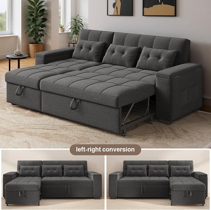 Ahomly 87" Convertible Sofa Bed – Space-Saving Sleeper with Pull-Out Design, Adjustable Backrest, Wide Armrests with Storage, Plush Cushions, Cozy for Small Spaces (Dark Grey)