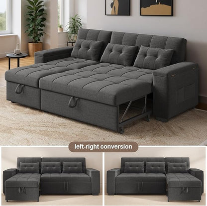 Ahomly 87" Convertible Sofa Bed – Space-Saving Sleeper with Pull-Out Design, Adjustable Backrest, Wide Armrests with Storage, Plush Cushions, Cozy for Small Spaces (Dark Grey)