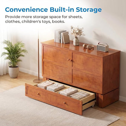 Mjkone Queen Murphy Bed Cabinet with Mattress Included, Cabinet Murphy Chest Bed with Drawer and USB Charging, Bedside Panel, Convertible Hidden Guest Wall Beds for Bedroom, Apartment - Cherry