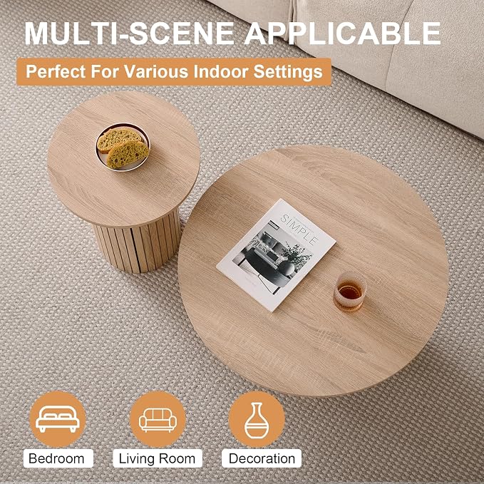 Round Nesting Coffee Tables for Living Room, Set of 2, Natural | φ27.6 + φ15.8 Boho Small Circle Side Tables, Fluted Drum Design Easy Assembly Minimalist Modern End Table Wood Grain Finish