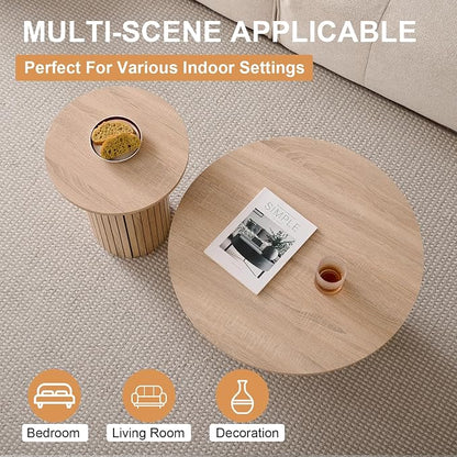 Round Nesting Coffee Tables for Living Room, Set of 2, Natural | φ27.6 + φ15.8 Boho Small Circle Side Tables, Fluted Drum Design Easy Assembly Minimalist Modern End Table Wood Grain Finish