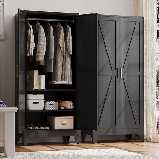 Baborokic Metal Armoire Wardrobe Closet with Hanging Rod,71H Metal Cabinet with Doors and Shelves,Freestanding Bedroom Armoire Closet,Storage Cabinets for Bedroom,Office,Laundry Room(Black)
