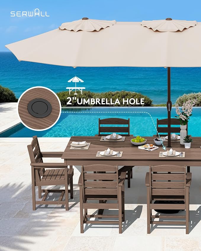 SERWALL 10 Piece 84" HDPE Outdoor Dining Set for 8 with 15ft Double-Sided Umbrella, Brown