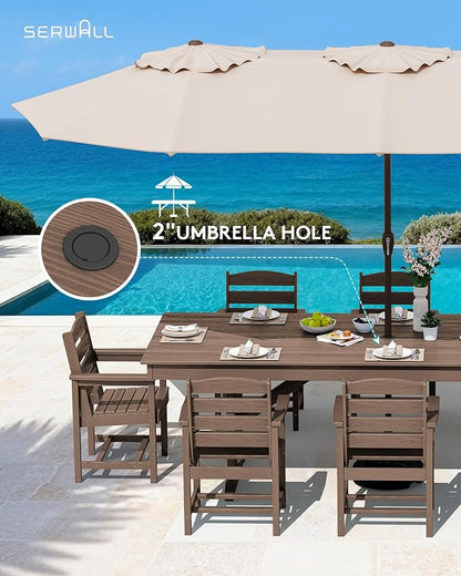 SERWALL 10 Piece 84" HDPE Outdoor Dining Set for 8 with 15ft Double-Sided Umbrella, Brown