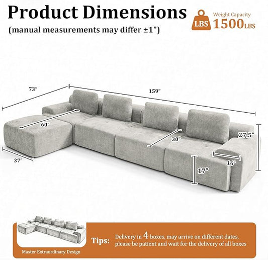 159" L-Shaped Modular Sectional Sofa, Oversized Boneless Cloud Couch for Living Room with Extra Deep Seat & High Back, Tool-Free No Assembly, Soft Chenille (Light Grey, 159 inch-L Shaped（4+1）)