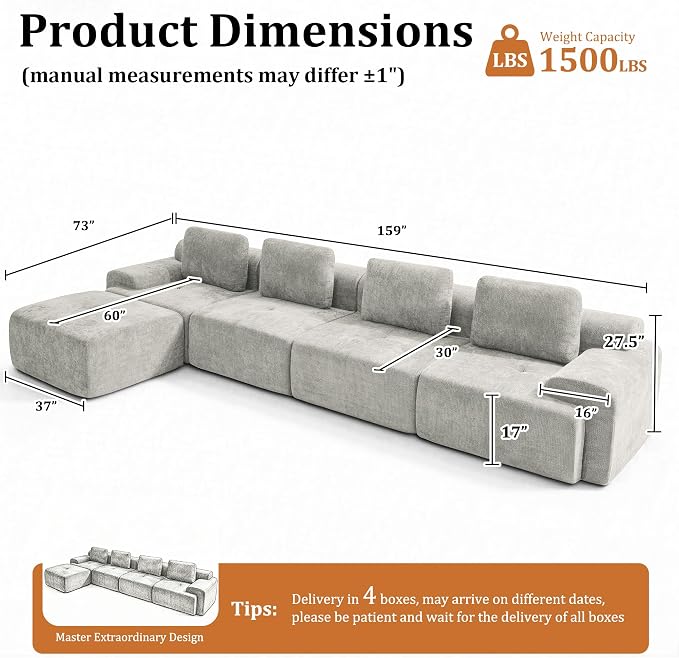159" L Shaped Oversized Boneless Couch, Comfort Cloud Sectional Couches for Living Room, Modular Sofa High Back & Extra Deep Seat, No Assembly, Soft Chenille(Light Grey, 159 inch-L shaped（4+1）)