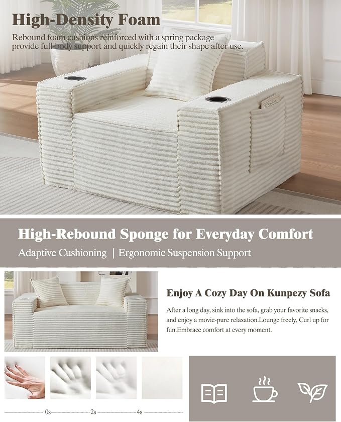 61" Boneless Sofa Couches with Cup Holder,2 Seat Loveseat Sofas with Side Pocket for Compact Living Rooms, Apartments (Beige White, Loveseat Sofa)
