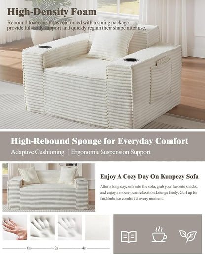 61" Boneless Sofa Couches with Cup Holder,2 Seat Loveseat Sofas with Side Pocket for Compact Living Rooms, Apartments (Beige White, Loveseat Sofa)