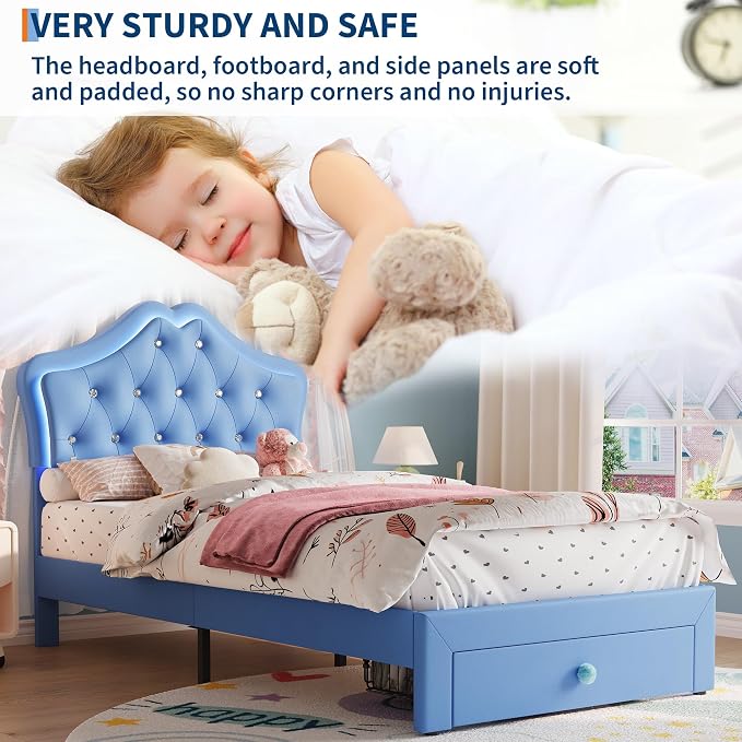 Twin Size Bed Frame for Girls with Storage Drawers & LED Lights, Upholstered Platform Bed, Velvet Crystal Button Princess Bed, Noise-Free Slats, No Box Spring Needed for Kids, Teens, Blue