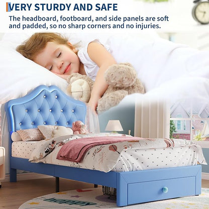 Twin Size Bed Frame for Girls with Storage Drawers & LED Lights, Upholstered Platform Bed, Velvet Crystal Button Princess Bed, Noise-Free Slats, No Box Spring Needed for Kids, Teens, Blue