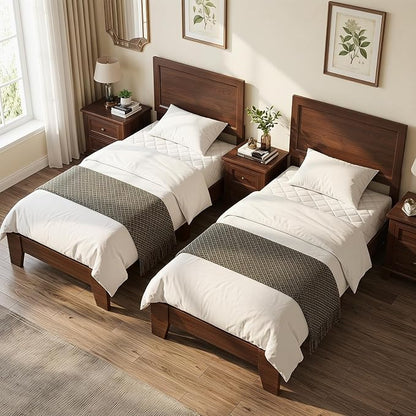 KOMFOTT Twin Size Bed Frame, Mid-Century Modern Platform Bed with Headboard, Wooden Slat Support Mattress Foundation, Under-Bed Storage Space, No Box Spring Needed (Walnut,Twin)