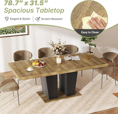 Zevemomo 63"-78.7" Expandable Dining Table, 6-10 Rectangle Table, Extendable Console Table, Wooden Farmhouse Kitchen Table with Metal Track & Dual Column Base for Living, Office-Brown