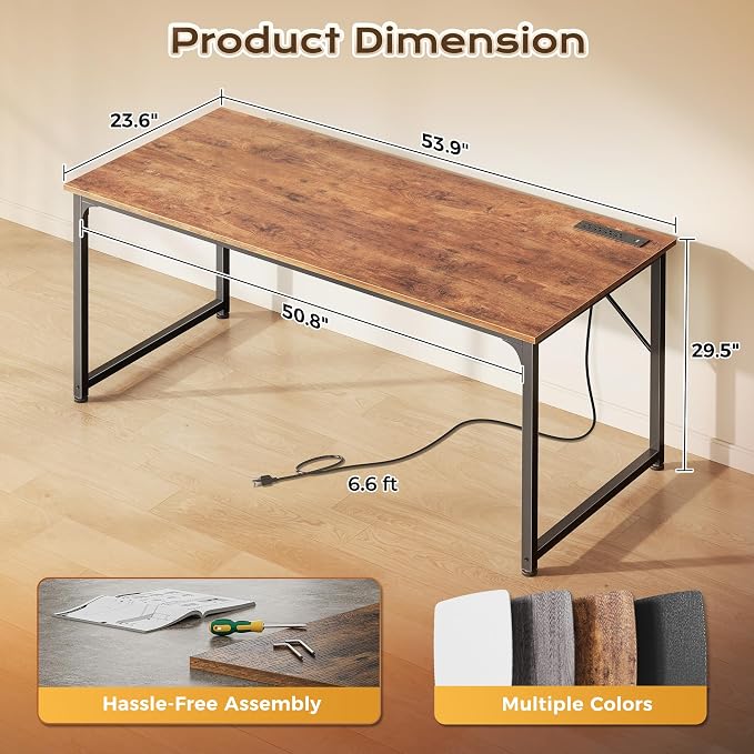PRAISUN 54 X 24 Inch Deeper Desk with Power Outlets | Large Computer Desk for Bedroom, Office Desk for Work from Home, Writing Study Gaming Table, Stable Metal Frame, Rustic Brown