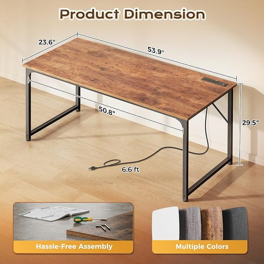 PRAISUN 54 X 24 Inch Deeper Desk with Power Outlets | Large Computer Desk for Bedroom, Office Desk for Work from Home, Writing Study Gaming Table, Stable Metal Frame, Rustic Brown