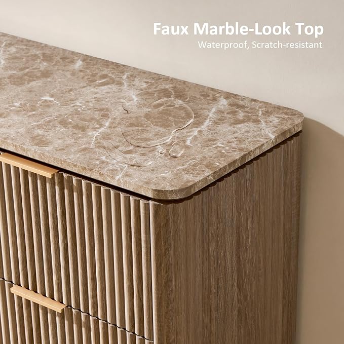Dresser for Bedroom with 6 Drawers, 54"W Chest of Drawers, Fluted Dresser with Faux Marble Top, Curved Profile Design, Metal Handle, Wood Closet Storage Organizer for Living Room, Hallway, Natural Oak