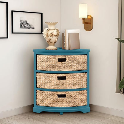eHemco Hampton Meadows 3 Tier X-Side Corner Table Storage Cabinet, Teal | 3 Wicker Baskets