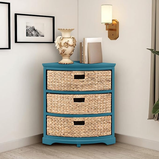 eHemco Hampton Meadows 3 Tier X-Side Corner Table Storage Cabinet, Teal | 3 Wicker Baskets