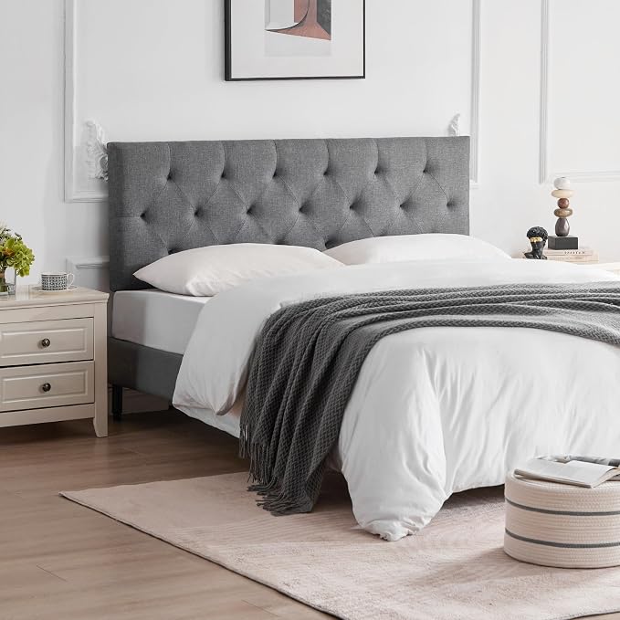 Linen Headboard Twin Size, Adjustable Height Headboard 37-51 in, Light Gray | Diamond Tufting Solid Wood Twin XL Headboards Only, Durable Metal Legs, Upholstered Twin Head Board for Dorm Bed Frame