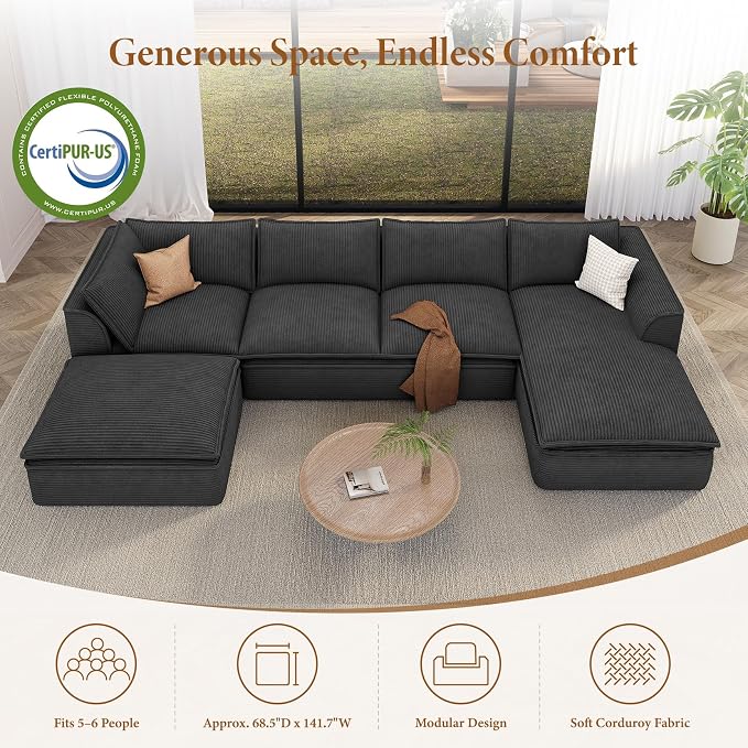 Vesgantti 141.7" U Shaped Boneless Sectional Couch, Modern 6 Seater Modular Sofa with Chaise & Ottoman, Deep Seat Convertible Corduroy Cloud Couches for Living Room, No Assembly Required, Black