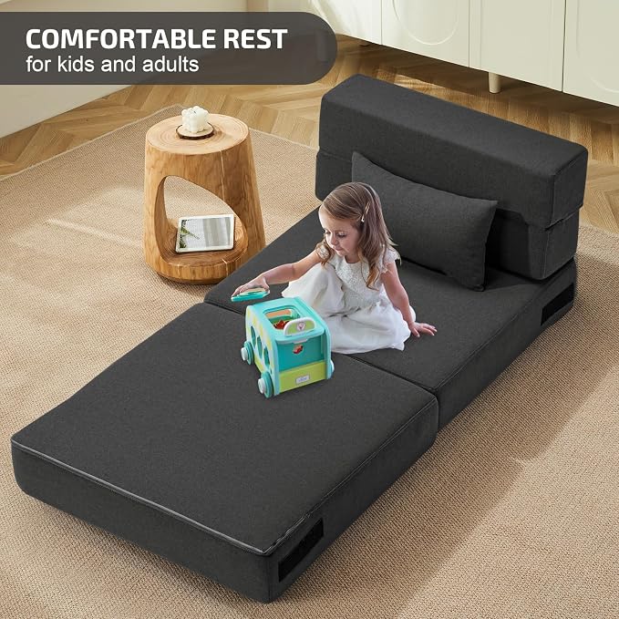 SUYOLS Folding Sofa Bed with Pillow- Convertible Chair Floor Couch & Sleeping Mattress, Foldable Memory Foam Sleeper for Living Room/Dorm/Guest Room/Home Office/Apartment/Loft, Single28, Dark Gray