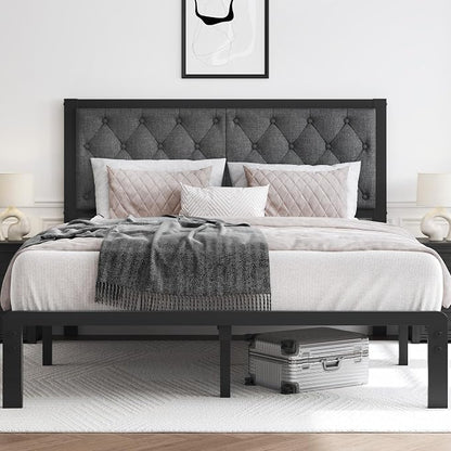HISOFT Queen Bed Frame with Upholstered Button Tufted Headboard, Bed Frame Platform Metal Slats Support, Under Bed Storage, No Box Spring Needed, Noise-Free, Easy Assembly, Grey