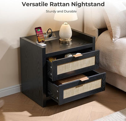 SICOTAS Black Nightstands Set of 2 Bed Side Table - Boho Night Stand End Table with Type-C Charging Station, 2 Rattan Decor Drawers Storage Cabinet Night Stands for Bedroom, Black Oak