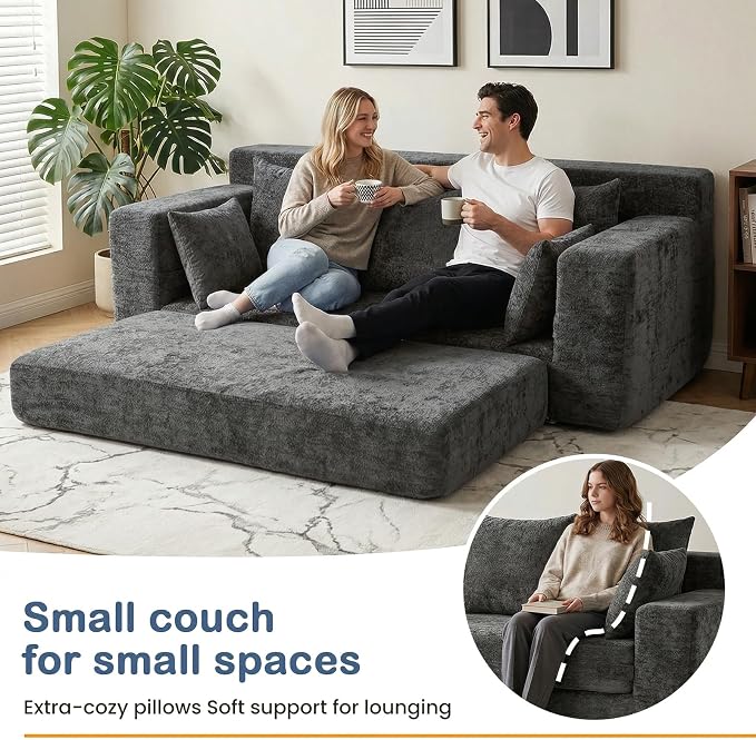 Boneless Couches 70", 3 Seater Boneless Couch with Pull Out Sofa Bed, Gray Boneless Couch with 5 Pillows, Plush Velvet Sofa for Living Room & Bedroom