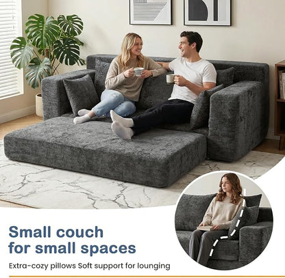 Boneless Couches 70", 3 Seater Boneless Couch with Pull Out Sofa Bed, Gray Boneless Couch with 5 Pillows, Plush Velvet Sofa for Living Room & Bedroom
