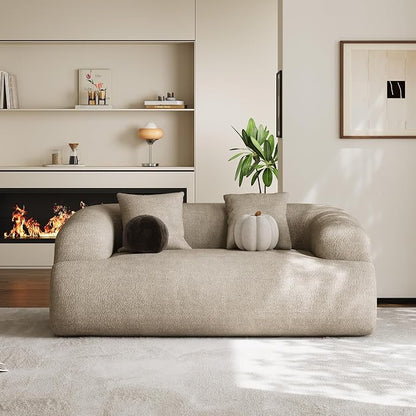 Half Moon Curved Sectional Sofa with 2 Throw Pillows, Modern Style 2-Seater Chenille Leisure Couch with Curved Backrest, Easy Assembly, for Apartment, Living Room, Bedroom, Light Brown（76 inch）