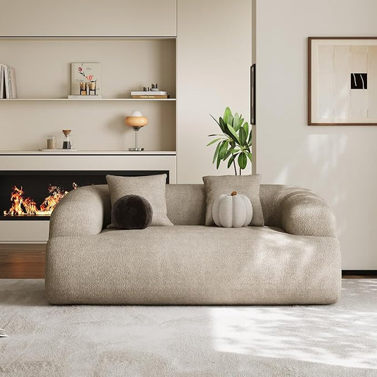 Half Moon Curved Sectional Sofa with 2 Throw Pillows, Modern Style 2-Seater Chenille Leisure Couch with Curved Backrest, Easy Assembly, for Apartment, Living Room, Bedroom, Light Brown（76 inch）