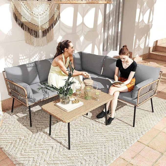 DWVO Patio Furniture Set, 4 Pieces Outdoor Patio Conversation Set, All-Weather PE Rattan Sectional L-Shaped Sofa with Soft Cushion and Side Table for Backyard, Porch, Boho Detachable Lounger (Gray)