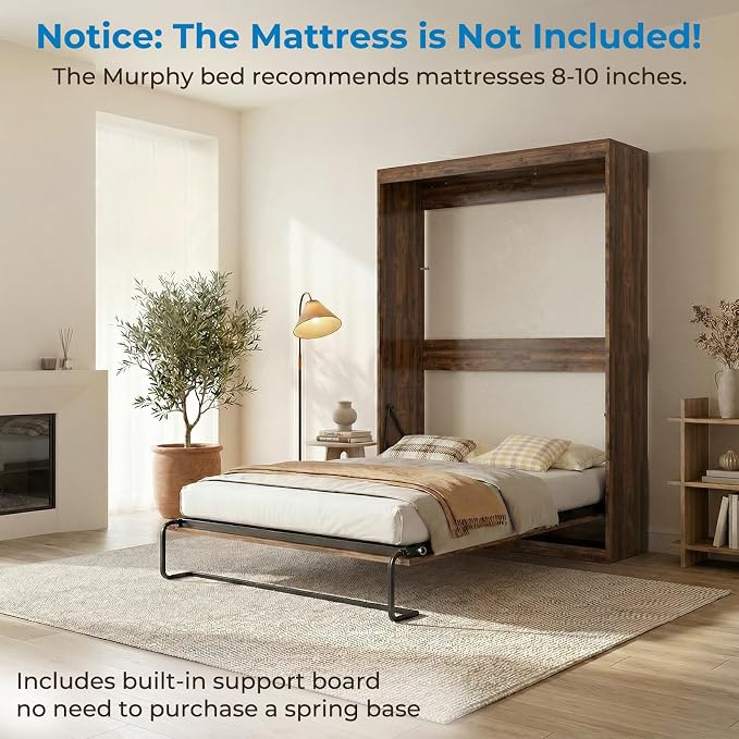 Mjkone Full Murphy Bed, Cabinet Beds Full Size, Modern Hidden Murphy Wall Chest Beds with Space-Saving Design, Adults Cabinet Guest Bed with 16 Colors of LED Lights for Bedroom, Apartment - Brown