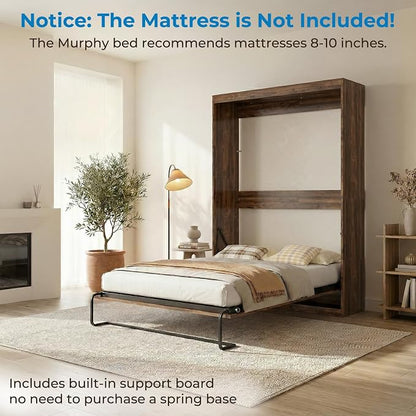 Mjkone Full Murphy Bed, Cabinet Beds Full Size, Modern Hidden Murphy Wall Chest Beds with Space-Saving Design, Adults Cabinet Guest Bed with 16 Colors of LED Lights for Bedroom, Apartment - Brown