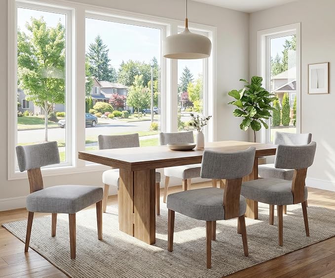RIVOVA Mid Century Modern Dining Chairs Set of 2 Farmhouse Linen Fabric Upholstered Dining Room Chairs Kitchen Chairs with Curved Backrest Wood Legs, Grey