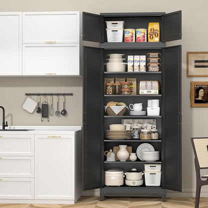 SteeLoong Kitchen Pantry Cabinet,90" Metal Storage Cabinet with Doors and 5 Adjustable Shelves,Black Tall Locker Organizer Steel Garage Cabinets for Tool,File Cabinet for Office,Kitchen,Garage,School