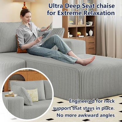 96" Modular Sectional Sofa, Modern Corduroy Cloud Couch with Deep Seat, Boneless Couch Upholstered 3-Seater L-Shaped Sofa for Living Room, No Assembly Required (Light Grey, Right-Facing Chaise)